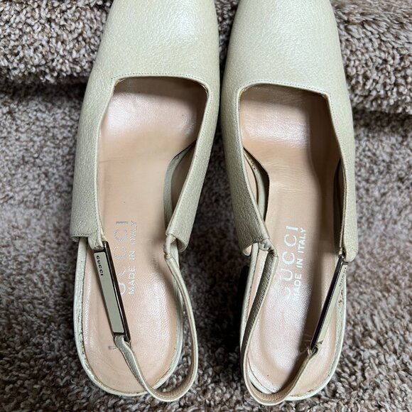 Gucci Women's Cream Sling Back Leather Block Heels - Picture 8 of 15
